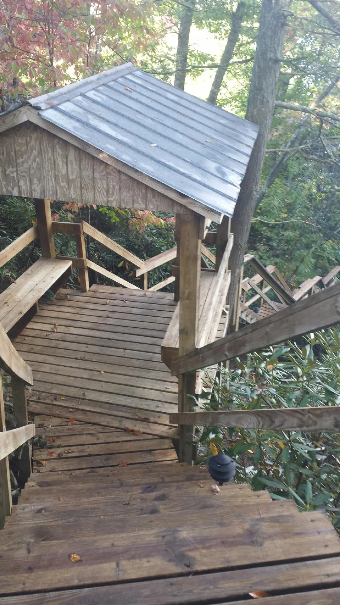 Metal roofed shelter over wooden steps on a wooded walkway — Skylight Repair & Installation work by our crew in Saint Cloud